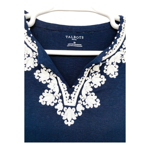 TALBOTS - WOMEN'S BLUE & WHITE 3/4 SLEEVE EMBROIDERED KNIT T-SHIRT TOP - Size S - Picture 6 of 12